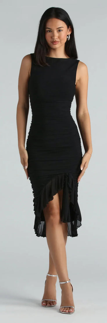 The Casey Formal Mesh High Neck Ruffle Midi Dress is your new go-to black dress—effortless, versatile, and made to update your fall style in seconds.