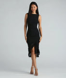 Feel instantly put-together in the Casey Formal Mesh High Neck Ruffle Midi Dress in black, a summer wedding guest dress designed for confident style and all-out celebration.
