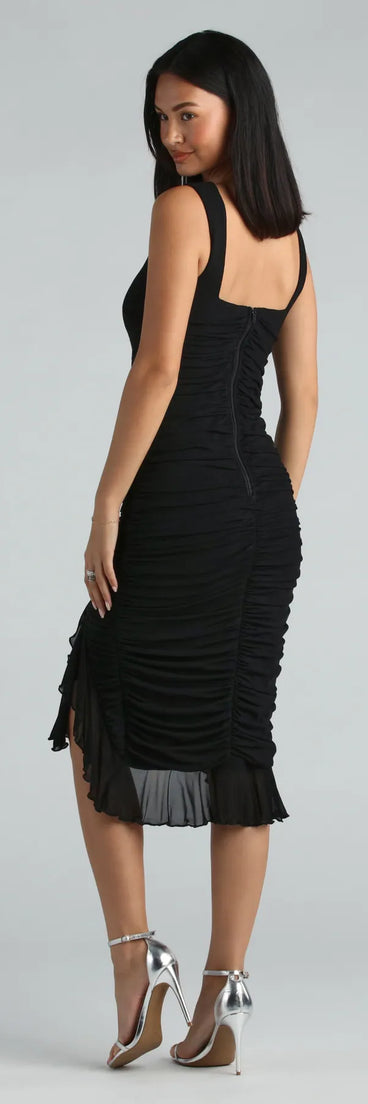 Casey Formal Mesh High Neck Ruffle Midi Dress in black, a stunning graduation dress with a flattering fit and elevated details, perfect for grad dinners or commencement celebrations.