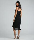 Casey Formal Mesh High Neck Ruffle Midi Dress in black, a stunning graduation dress with a flattering fit and elevated details, perfect for grad dinners or commencement celebrations.