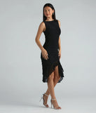 Make a bold statement in the Casey Formal Mesh High Neck Ruffle Midi Dress in black, the perfect summer dress for weddings, cocktail hours, nights out, and/or seasonal celebrations.