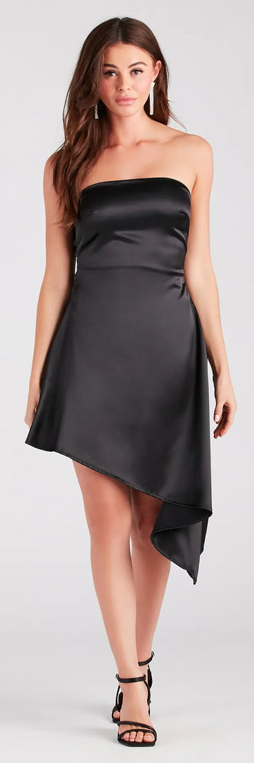 Chic Standout Satin Asymmetric Midi Dress