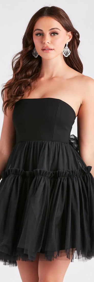 She's Iconic Strapless Ruffled Tulle Skater Dress