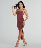 The midi dress length on the Evening Of Bliss Ruched Bodycon Midi Dress provides an elevated silhouette perfect for any party, occasion, or everyday styling.