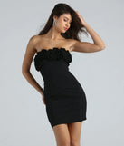 Step into winter chic with the Speak My Language Crepe Rose Strapless Dress, a black mini dress featuring an above-the-knee cut ideal for cocktail parties, festive gatherings, or clubwear.