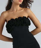 The Speak My Language Crepe Rose Strapless Dress in black combines chic design and festive charm, offering a cocktail dress perfect for winter cocktail parties, work events, and holiday soirées.