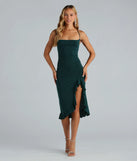 Elevate your winter wardrobe with the Perfect Moment Cowl Neck Ruffle Midi Dress— a party-ready hunter green cocktail dress featuring seasonal accents and a sophisticated style, ideal for semi-formal holiday events from family dinners to NYE celebrations.