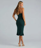The Perfect Moment Cowl Neck Ruffle Midi Dress in hunter green combines chic design and festive charm, offering a cocktail dress perfect for winter cocktail parties, work events, and holiday soirées.