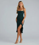 Elevate your winter wardrobe with the Perfect Moment Cowl Neck Ruffle Midi Dress— a party-ready hunter green cocktail dress featuring seasonal accents and a sophisticated style, ideal for semi-formal holiday events from family dinners to NYE celebrations.
