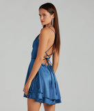 The Truly The Sweetest Satin Lace-Up Skater Dress is a mini dress in denim, perfect for an above-the-knee party dress or a stylish cocktail look, with a short hemline designed to make a winter statement.
