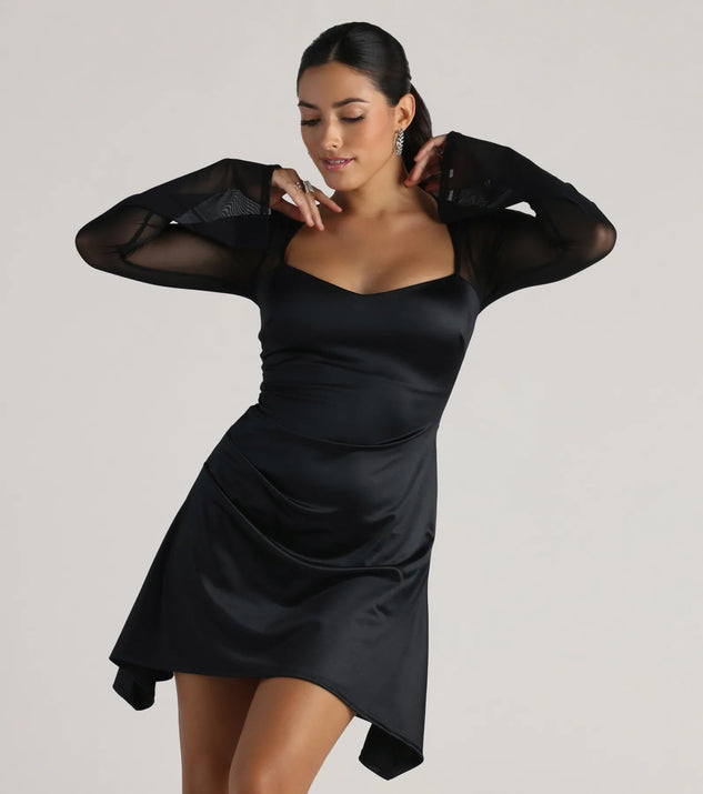 Date Night Vibes Mesh And Satin Short Dress, a stylish black short dress featuring modern details and a fresh seasonal hue, perfect for creating chic 2025 looks.