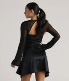 Own every entrance in the Date Night Vibes Mesh And Satin Short Dress, a black party dress perfect for milestone birthdays and grad parties, or dancing through summer nights and unforgettable bachelorette celebrations.