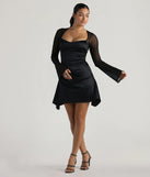 Make a bold statement in the Date Night Vibes Mesh And Satin Short Dress in black, the perfect spring dress for weddings, cocktail hours, nights out, and/or seasonal celebrations.