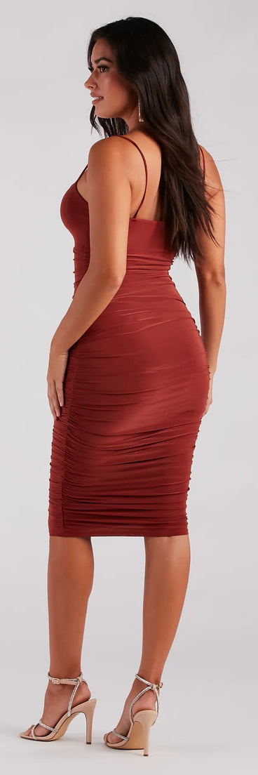 red ruched bodycon midi dress Red Mesh Ruched Midi Dress
