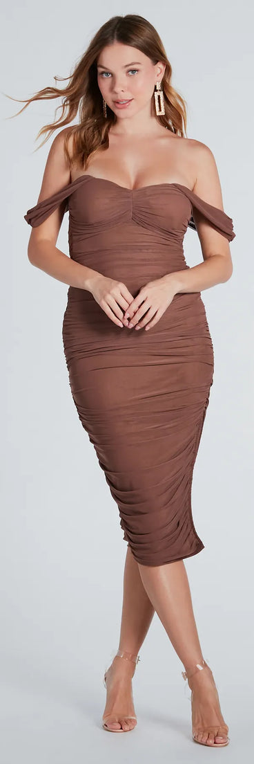 Ring in 2026 in the Can't Help It Mesh Off-The-Shoulder Midi Dress in brown, created for the kind of party looks New Year’s Eve Dresses are known for.