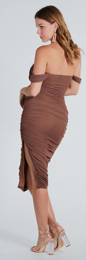 Can't Help It Mesh Off-The-Shoulder Midi Dress