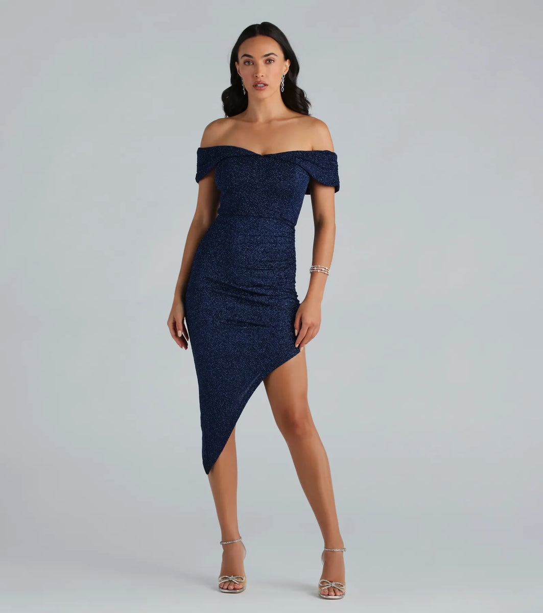 Unforgettable Glitter Off The Shoulder Midi Dress & Windsor