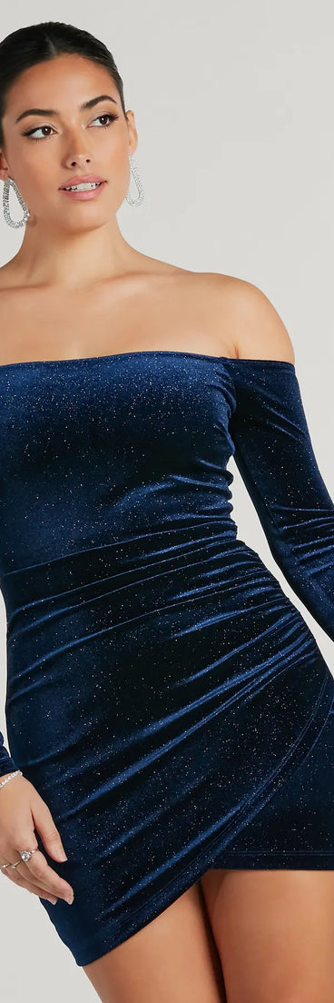 Sparkly Glitter Velvet Long Sleeve Mini Dress, a trendy navy blue mini dress featuring modern details and a fresh seasonal hue, perfect for creating chic 2025 looks.