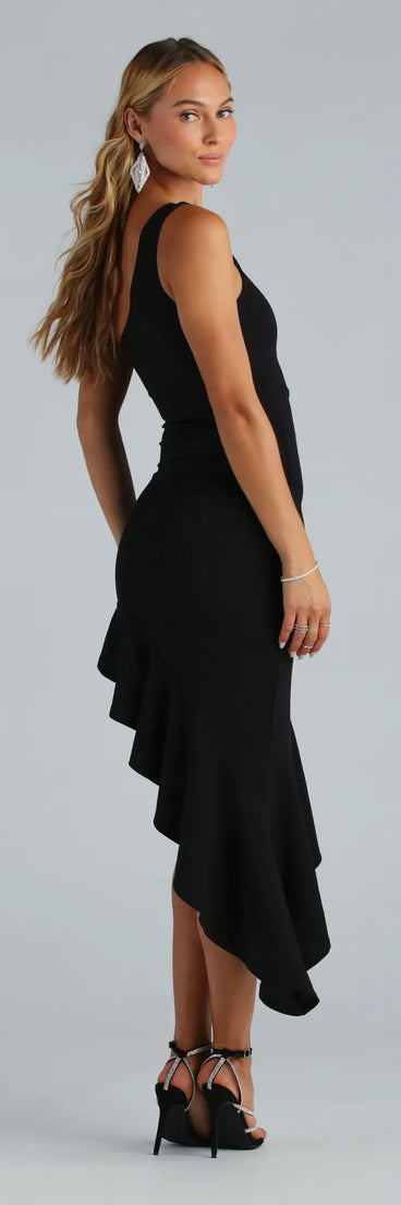 Own every entrance in the Mingle Sensation Crepe One-Shoulder Midi Dress, a black party dress perfect for milestone birthdays and grad parties, or dancing through summer nights and unforgettable bachelorette celebrations.