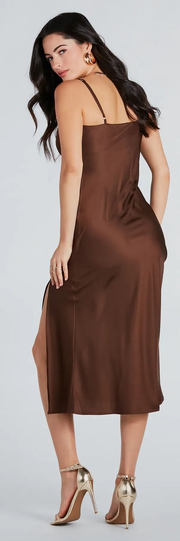 Classic Silky Satin High Slit Midi Dress | Windsor Classic Silky Satin High Slit Midi Dress | Windsor