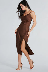 Classic Silky Satin High Slit Midi Dress
