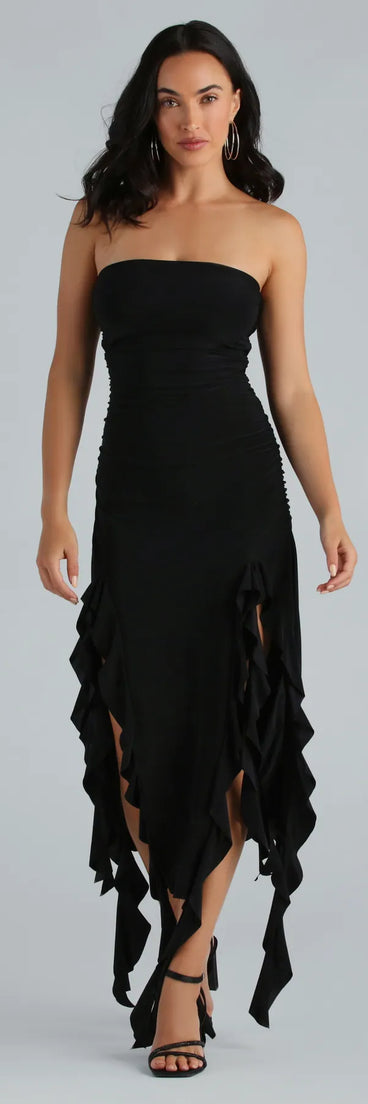 Moments Like This Strapless Ruffled Midi Dress