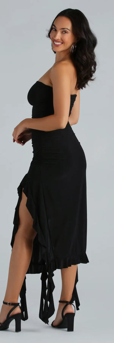 Moments Like This Strapless Ruffled Midi Dress