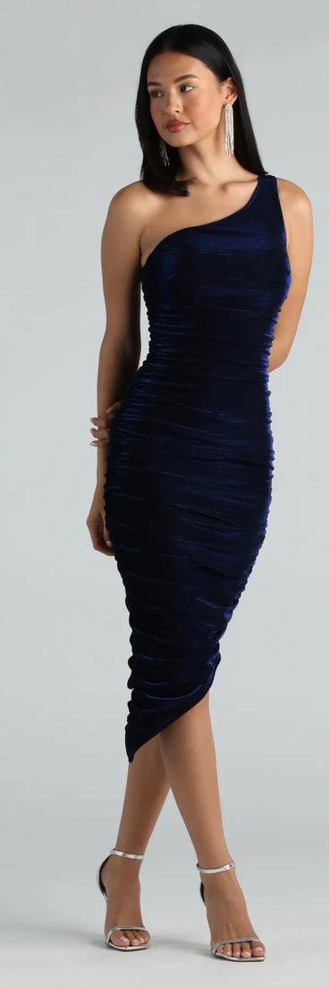 Sweet Temptation Metallic One Shoulder Midi Dress