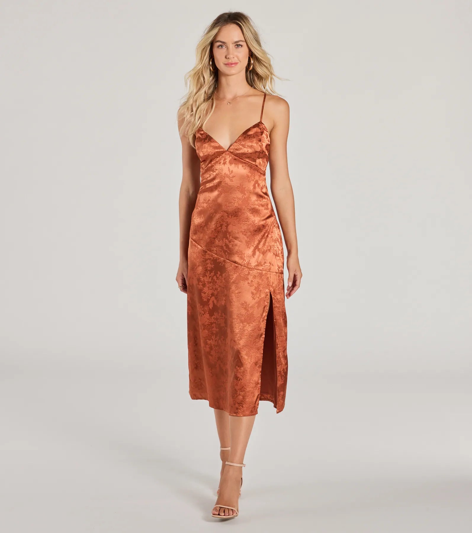 Chic Charm Floral Satin A-Line Midi Dress | Windsor