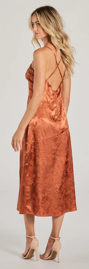 The Chic Charm Floral Satin A-Line Midi Dress in copper is a standout holiday party outfit with luxurious fabrics and a chic, festive style, perfect for holiday parties and NYE celebrations.