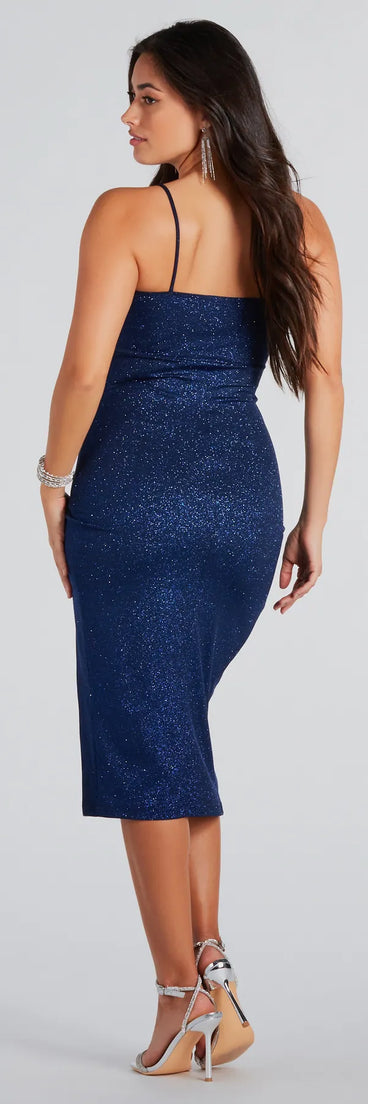 Own every entrance in the Dazzling Aurora Glitter Sleeveless Midi Dress, a navy blue party dress perfect for milestone birthdays and grad parties, or dancing through summer nights and unforgettable bachelorette celebrations.