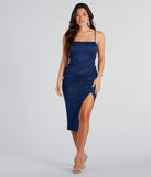 Make a bold statement in the Dazzling Aurora Glitter Sleeveless Midi Dress in navy blue, the perfect summer dress for weddings, cocktail hours, nights out, and/or seasonal celebrations.