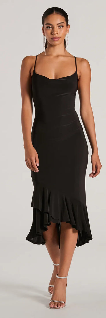 The midi dress length on the Secret Weapon Cowl Neck Bodycon Ruffle Midi Dress provides an elevated silhouette perfect for any party, occasion, or everyday styling.