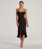 The midi dress length on the Secret Weapon Cowl Neck Bodycon Ruffle Midi Dress provides an elevated silhouette perfect for any party, occasion, or everyday styling.