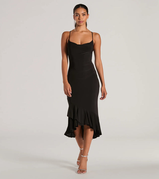 The midi dress length on the Secret Weapon Cowl Neck Bodycon Ruffle Midi Dress provides an elevated silhouette perfect for any party, occasion, or everyday styling.