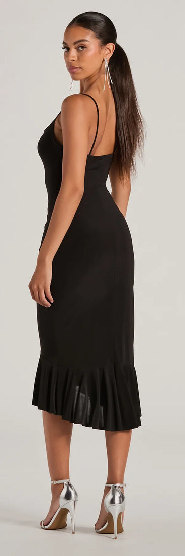 The midi dress length on the Secret Weapon Cowl Neck Bodycon Ruffle Midi Dress provides an elevated silhouette perfect for any party, occasion, or everyday styling.