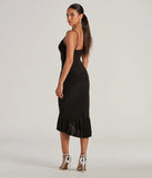 The midi dress length on the Secret Weapon Cowl Neck Bodycon Ruffle Midi Dress provides an elevated silhouette perfect for any party, occasion, or everyday styling.