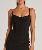 The midi dress length on the Secret Weapon Cowl Neck Bodycon Ruffle Midi Dress provides an elevated silhouette perfect for any party, occasion, or everyday styling.