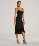 The midi dress length on the Secret Weapon Cowl Neck Bodycon Ruffle Midi Dress provides an elevated silhouette perfect for any party, occasion, or everyday styling.