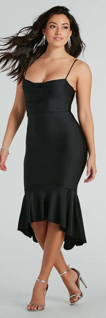 Celebrate in style with the Dance Floor Diva Ruffled High-Low Midi Dress, a black formal wedding guest dress featuring an elegant silhouette and luxe details, perfect for a black-tie celebration.