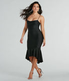 Celebrate in style with the Dance Floor Diva Ruffled High-Low Midi Dress, a black formal wedding guest dress featuring an elegant silhouette and luxe details, perfect for a black-tie celebration.