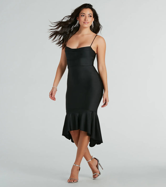 Celebrate in style with the Dance Floor Diva Ruffled High-Low Midi Dress, a black formal wedding guest dress featuring an elegant silhouette and luxe details, perfect for a black-tie celebration.