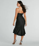 Celebrate in style with the Dance Floor Diva Ruffled High-Low Midi Dress, a black formal wedding guest dress featuring an elegant silhouette and luxe details, perfect for a black-tie celebration.