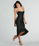 Make a bold statement in the Dance Floor Diva Ruffled High-Low Midi Dress in black, the perfect spring dress for weddings, cocktail hours, nights out, and/or seasonal celebrations.