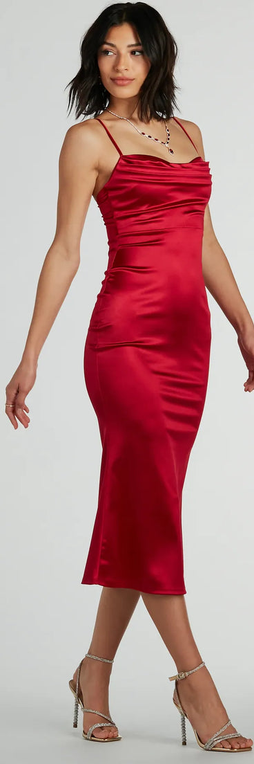 The Feeling Luxurious A-Line Satin Midi Dress in red is a modern red dress featuring trendy details and a stunning design ideal for wedding guest dresses, elegant cocktail looks, or an alluring Valentine’s Day dress.