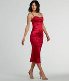 The Feeling Luxurious A-Line Satin Midi Dress in red is a modern red dress featuring trendy details and a stunning design ideal for wedding guest dresses, elegant cocktail looks, or an alluring Valentine’s Day dress.