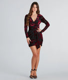 Vision In Velvet Pattern V-Neck Tie Mini Dress, a trendy black mini dress featuring modern details and a fresh seasonal hue, perfect for creating chic 2025 looks.