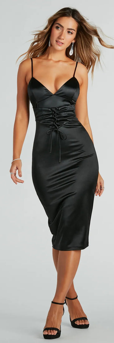 All Kinds Of Chic Satin Faux Corset Midi Dress