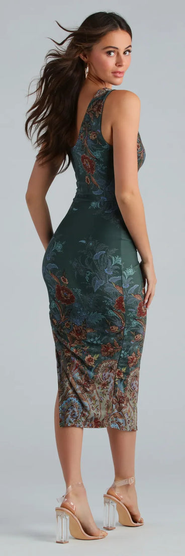 Boho Chic Paisley Mesh Ruched Midi Dress