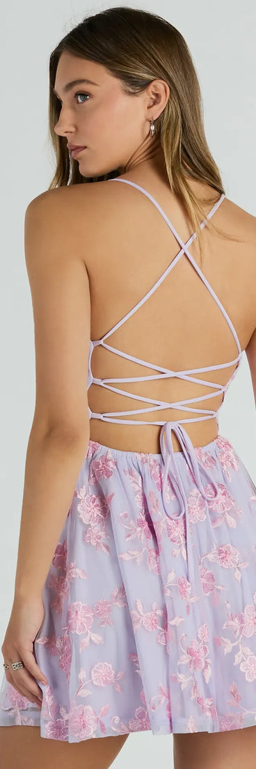 Floral Retreat Lace Up Embroidered Skater Dress